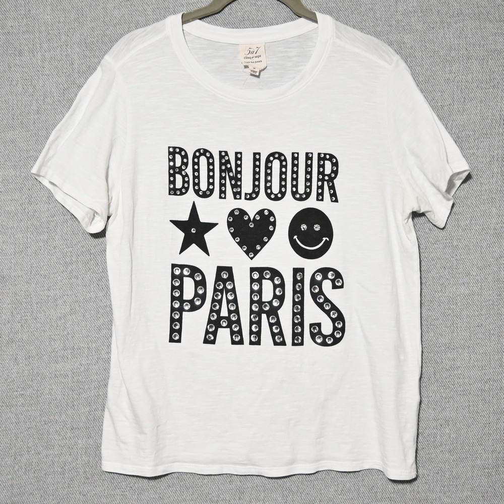 Cinq a Sept T-Shirt Womens Bonjour Paris Rhinestone Graphic M White USA